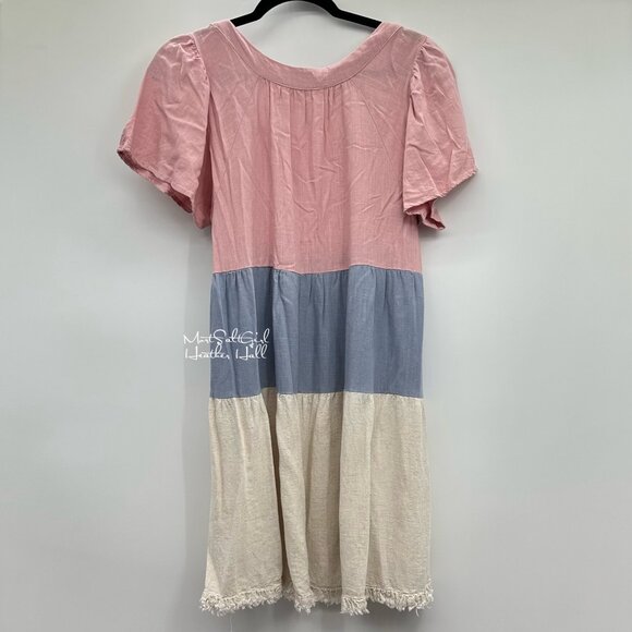 Umgee USA Colorblock Tiered Mini Linen Blend Dress Size Small - Picture 2 of 3
